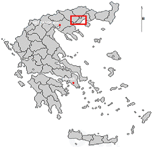 Εικόνα 1. Χάρτης της Ελλάδας και σε κόκκινο πλαίσιο η ευρύτερη περιοχή μελέτης.