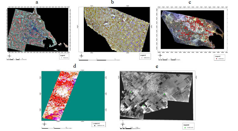 Εικ.1:a. Μωσαϊκό εικόνων ASTER b. Μωσαϊκό εικόνων IKONOS c. Εικόνα Landsat d. Εικόνα HYPERION e. Μωσαϊκό αεροφωτογραφιών
