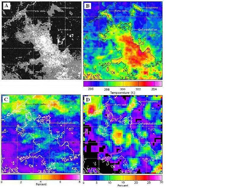 Εικόνα 3: Rondonia, Brazil.(A)The visible channel of GOES. Η αποψίλωση φαίνεται με γκρι και άσπρο , (B)Μέση θερμοκρασία μεσημεριού Αύγουστος 2000, (C)Ποσοστό συννεφιάς το απόγευμα Αύγουστος 2000 και 2001, (D)Ποσοστά βροχής το απόγευμα Αύγουστος 2000 και 2001,μετρημένα από TRMM (from NASA Website, 2004). πηγη: http://www.remotesensing.gr/gcm.pdf