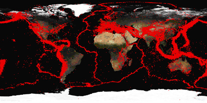 Εικόνα 1: Παγκόσμιος Χάρτης Σεισμικής Δραστηριότητας 1973-2006                              Πηγή: http://el.wikipedia.org/wiki/Σεισμός
