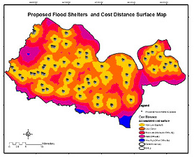 Εικόνα 11: Χάρτης προτεινόμενων καταφυγίων και η απόστασή τους από την ακτή  Πηγή: http://www.geoinfo.ait.ac.th/publications/ACRS2005_Prathumchai_K.pdf