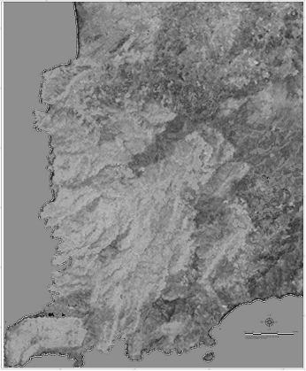 Εικόνα 3. Επεξεργασμένη δορυφορική εικόνα LANDSAT-7 για την οποία χρησιμοποιήθηκαν οι λόγοι 4/3, 3/1, 5/7 (R,G,B) με σκοπό να απεικονισθούν καλύτερα οι περιοχές που δεν εμφανίζονται ανθρακικά πετρώματα.