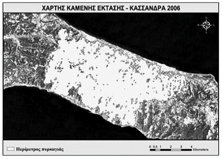 Εικόνα 2: Χάρτης καμένης έκτασης από την αντικειμενοσταφή ταξινόμηση της δορυφορικής εικόνας Landsat-5 TM