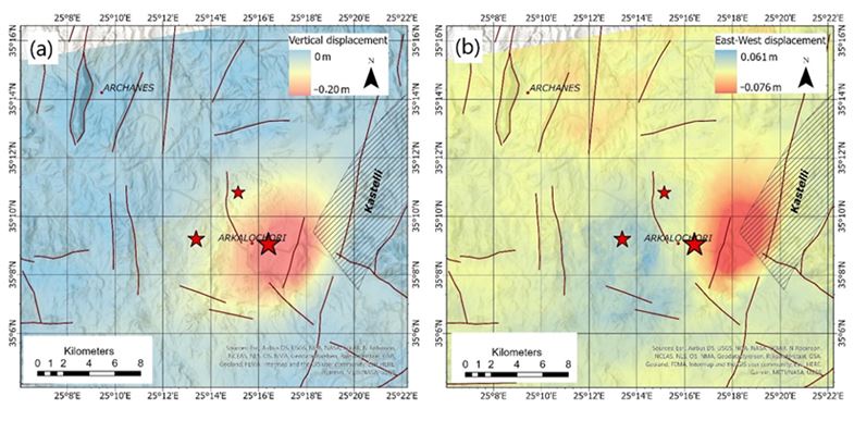 Αρχείο:Εικόνα 3 Χάρτες μετατόπισης για την κατακόρυφη και την κατεύθυνση Α Δ για την Κεντρική Κρήτη λόγω του σεισμού της 27 Σεπ 21.JPG
