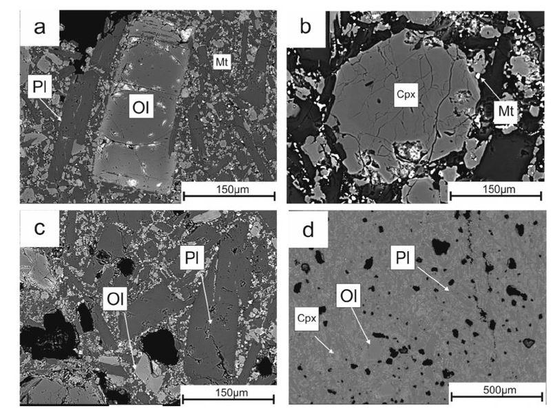 Αρχείο:EPMA backscattered images a) Prismatic olivine phenocryst in a groundmass mostly composed by plagioclase. b) Clinopyroxene subhedral phenocryst c).JPG