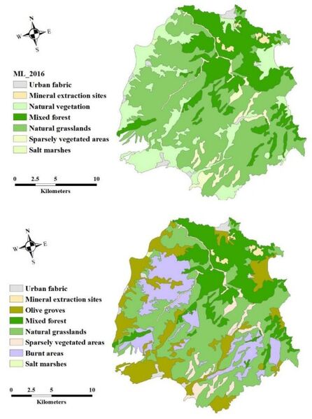 Αρχείο:Εικόνα 2. Η εικόνα ταξινόμησης με Μέγιστη Πιθανότητα της περιοχής μελέτης που αποκτήθηκε το 2016 (πάνω) και το 2018 (κάτω).jpg