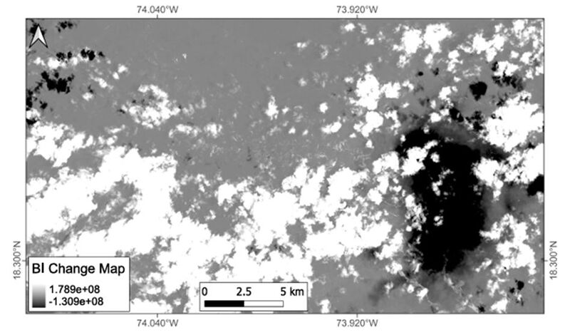 Αρχείο:Εικόνα 8 Χάρτης αλλαγών BI που δημιουργήθηκε από τη διαφορά στο NDVI μεταξύ των εικόνων Sentinel-2 πριν και μετά το συμβάν.JPG